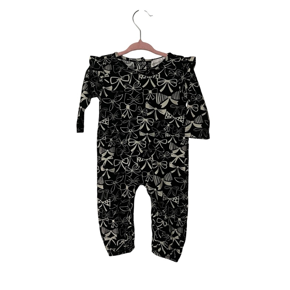 Lucky Jade Black White Bow Graphic Ruffle One Piece Bodysuit Size 3-6 Months NWT